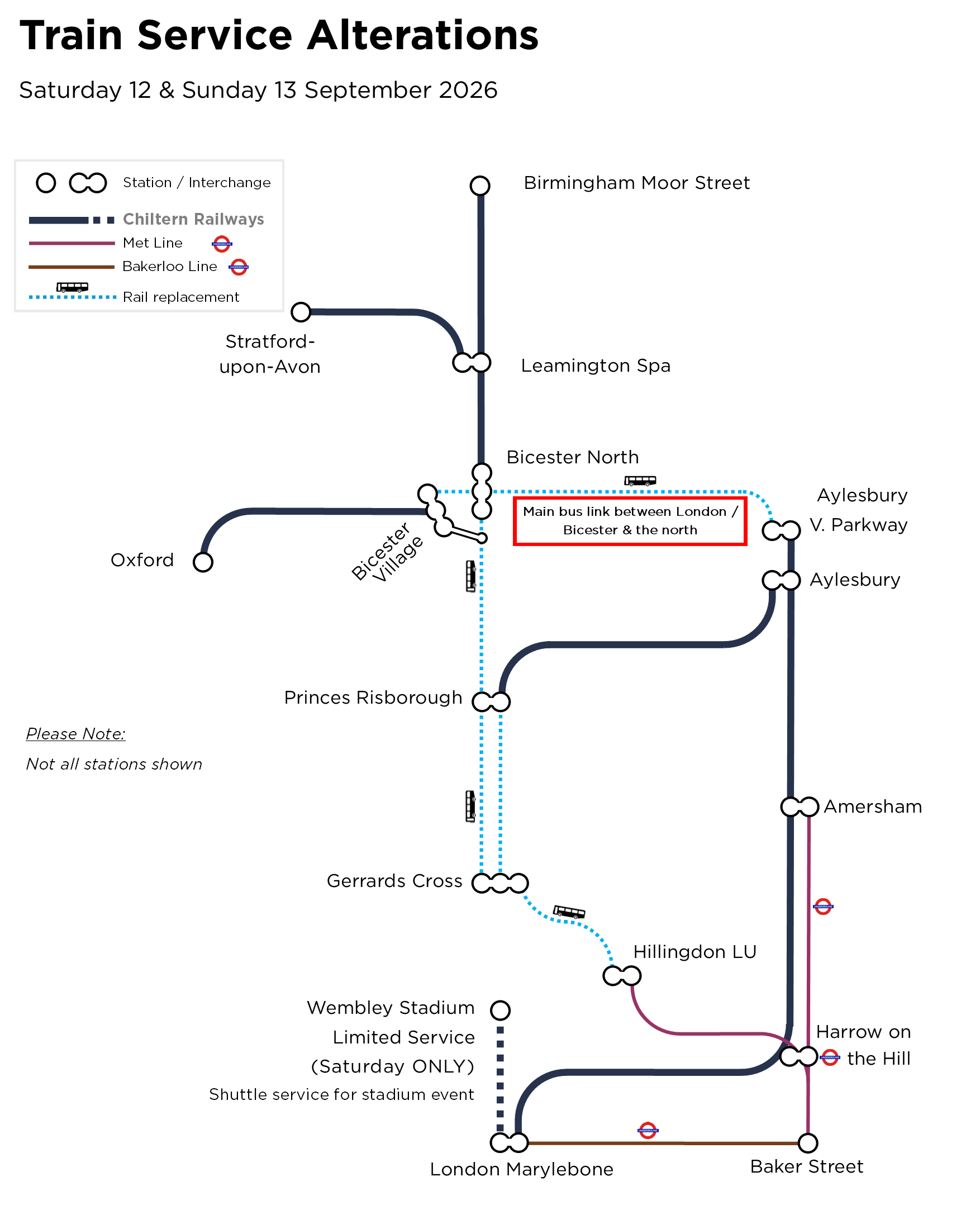 Image showing summary of service changes over the weekend of the twelfth and thirteenth of September 2026