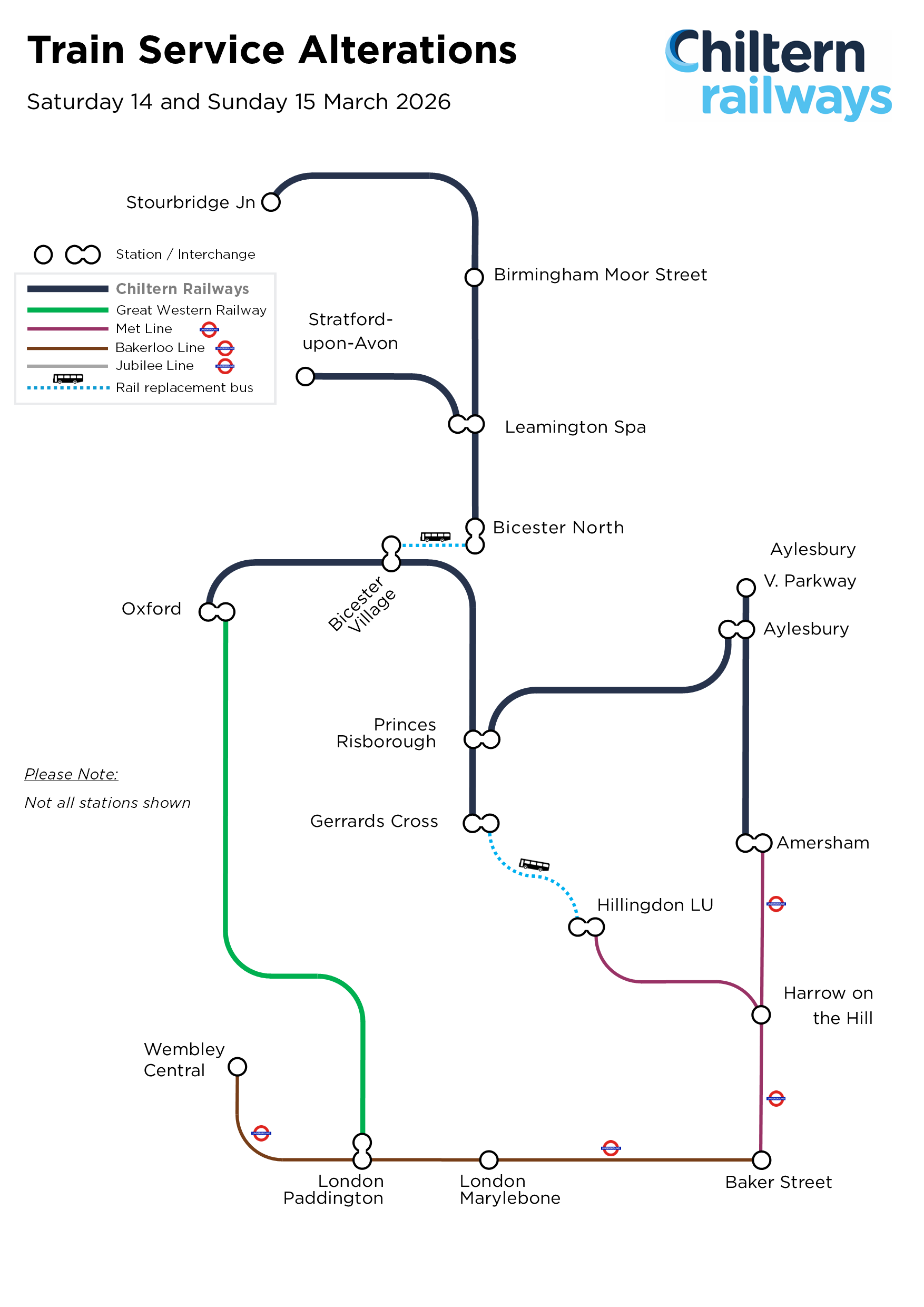 Map summarising negineering work for weekend of 14 and 15 March 2026