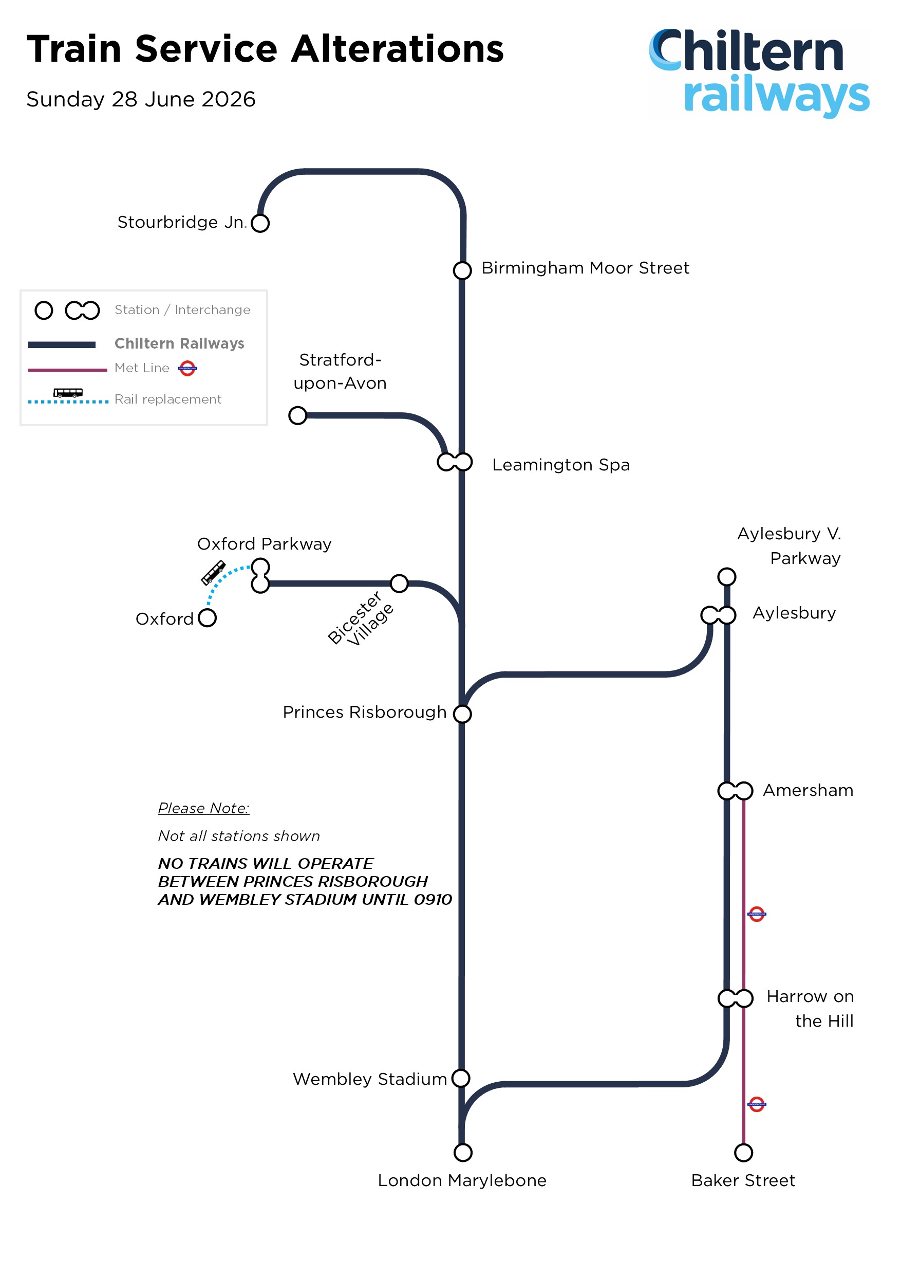 Image showing summary of train service alterations for Sunday 28 June. All detail is in the text above.