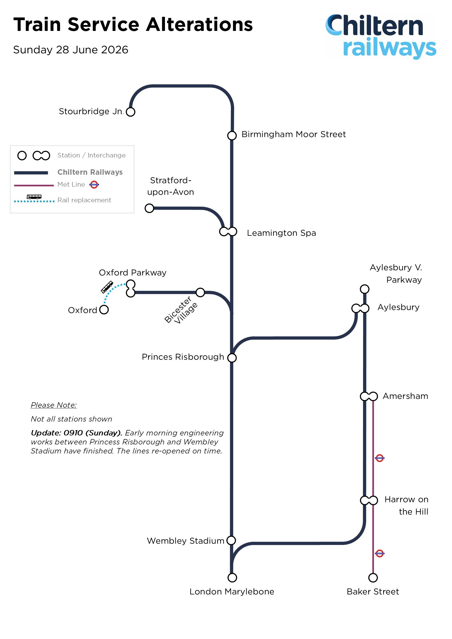 Map showing line closure all day between Oxford Parkway and Oxford. Early morning engineering work elsewhere finished on time.