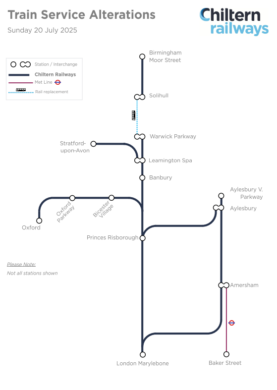 IMAGE: Sunday 20 July 2025 Engineering works Chiltern Railways route map