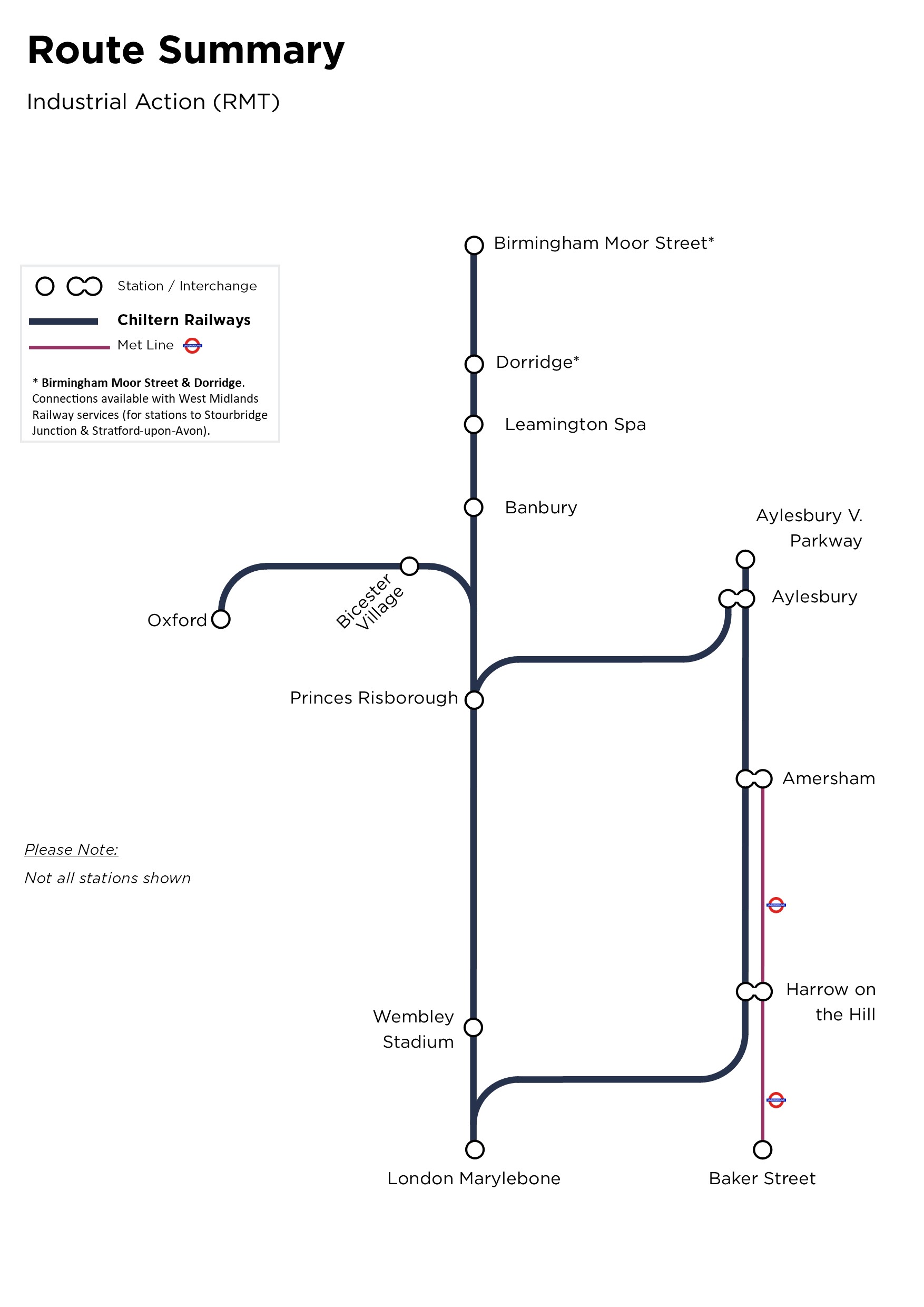 Route summary for RMT industrial action. No services between Stratford upon Avon and Leamington Spa (travel via Dorridge) or North of Birmingham Moor Street.