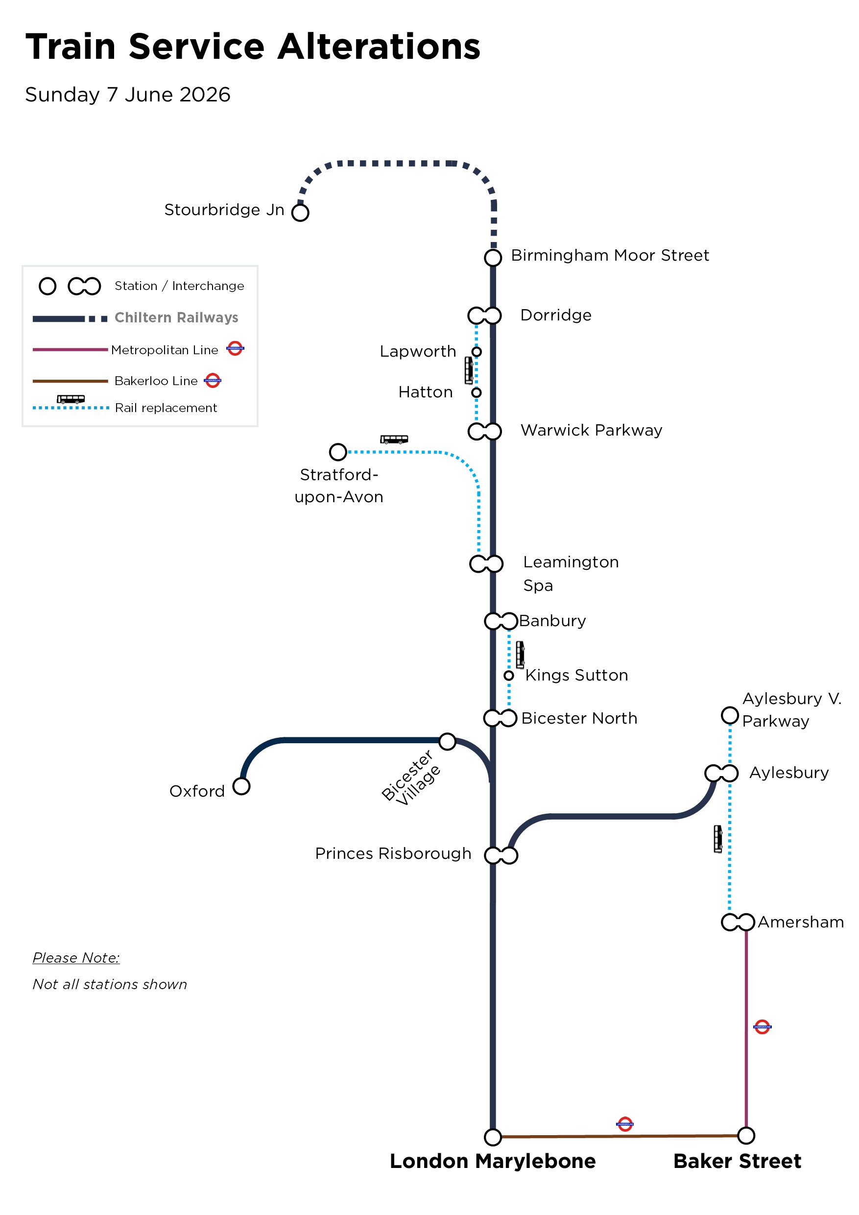 Summary map showing service changes to Chiltern Railways services on Sunday 7 June 2026