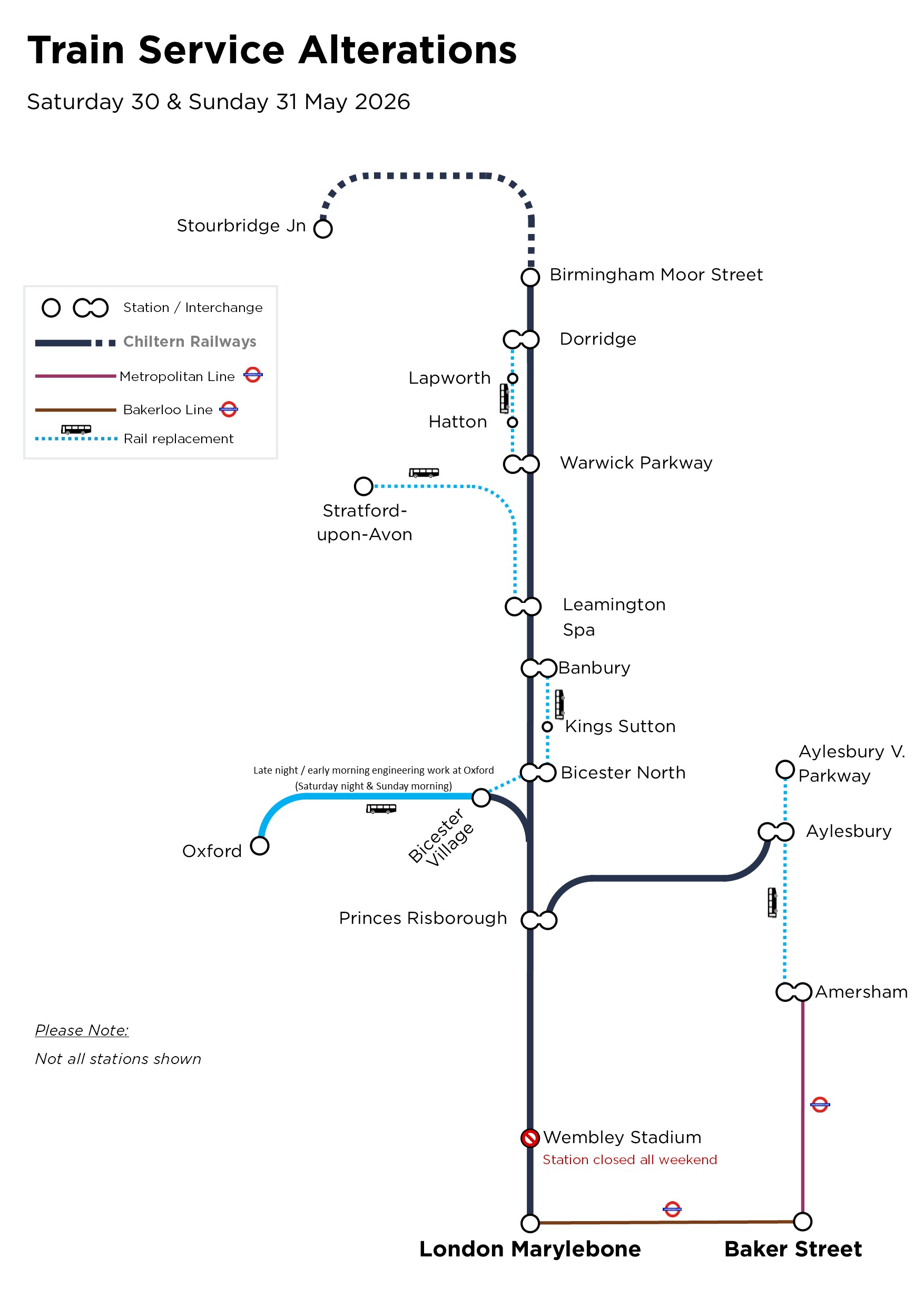 Image showing summary of service changes for Saturday the thirtieth and Sunday the thirty first of May 2026.