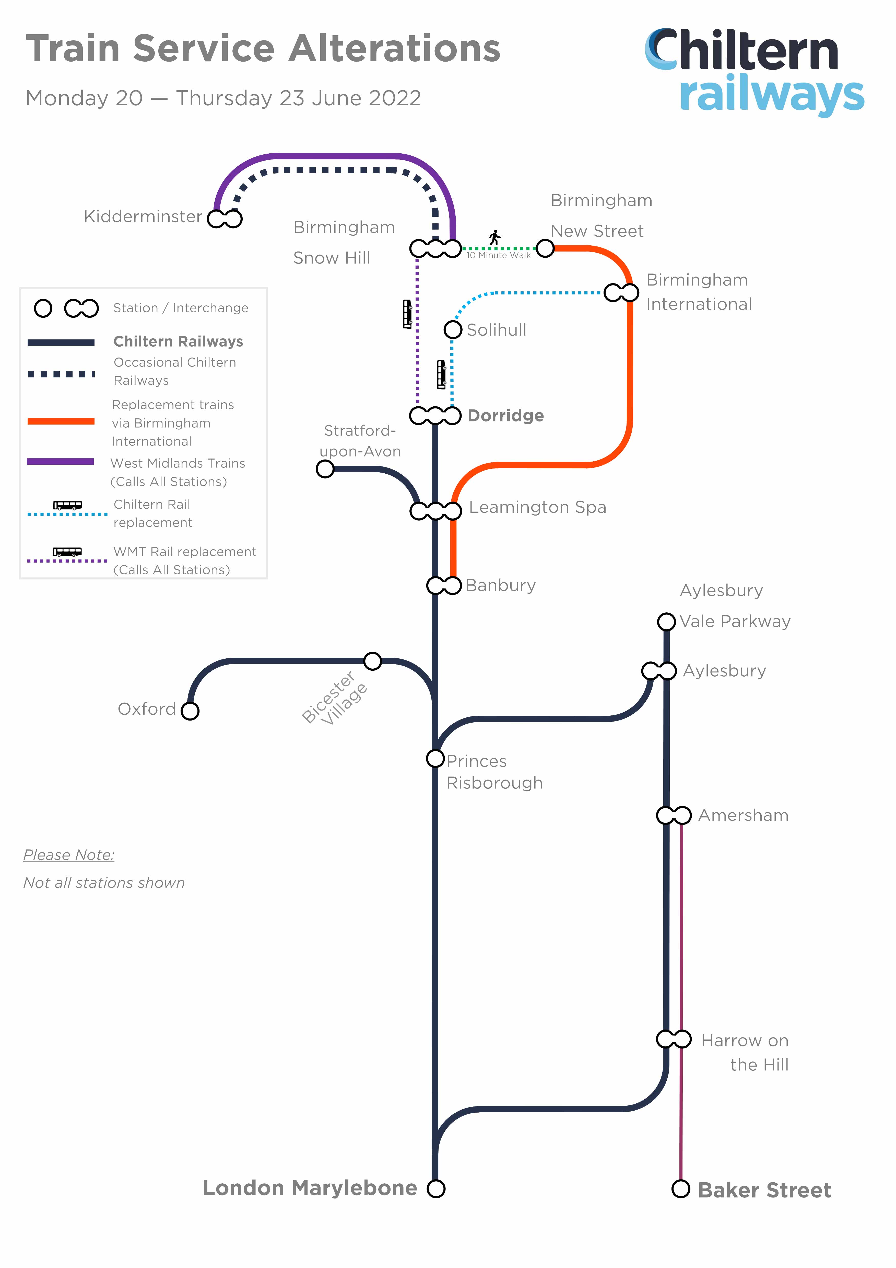Route diagram showing train service alterations during the time period 20th-23rd June 2022