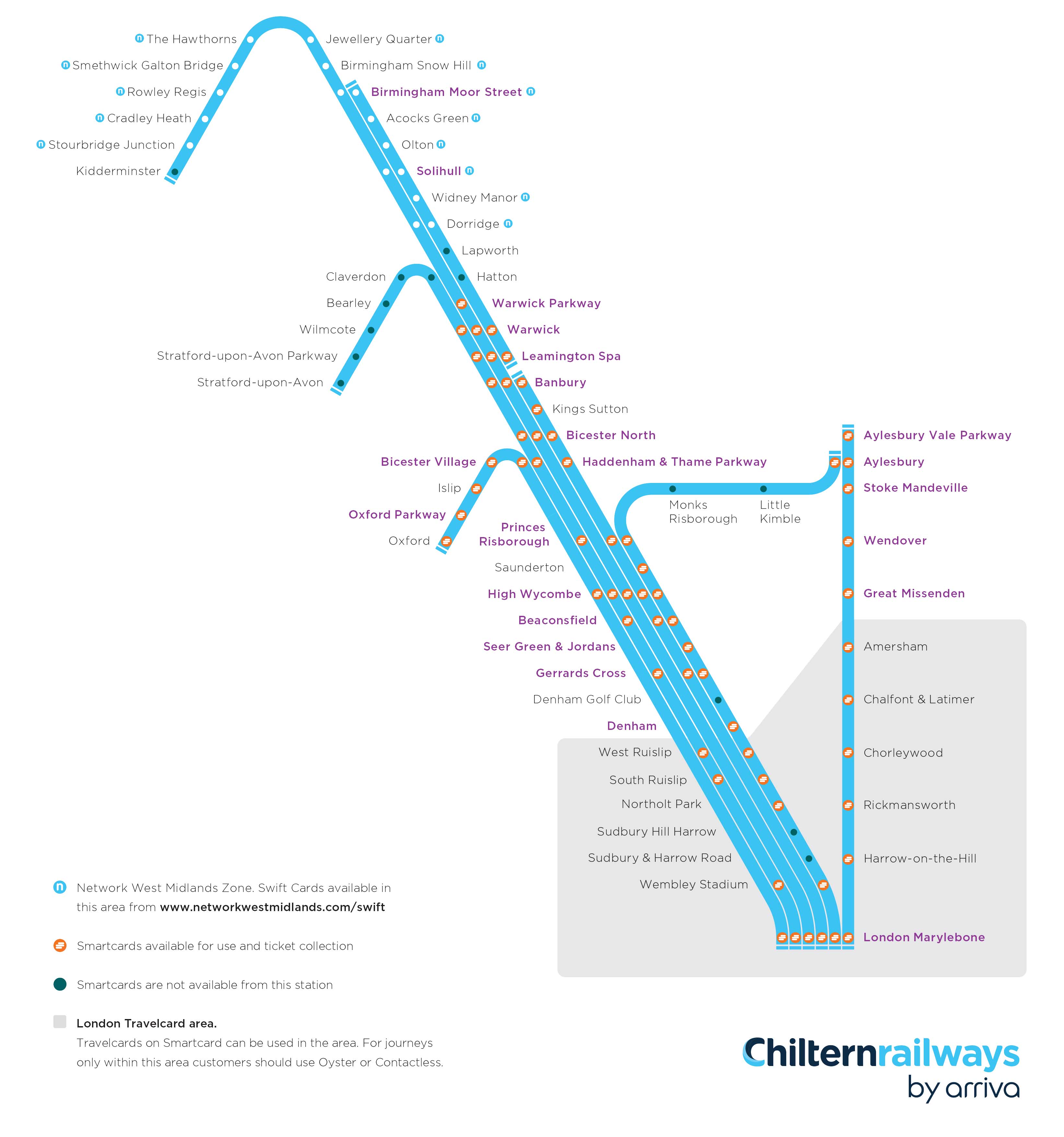 The Chiltern Railways route map showing where you can use a Smartcard