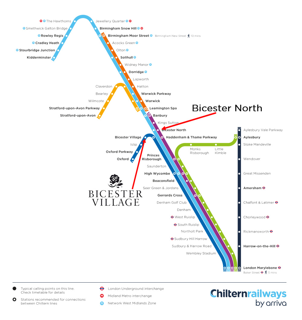Map of Chiltern Railways network and how to get to Bicester Village