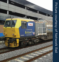 Pictures showing a yellow train that is used to clear leaves off the track