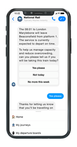 People can stay updated about their journey by National Rail on the 'Alert me by Messenger app