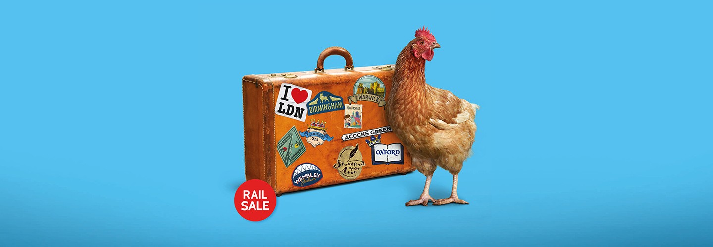 Chicken with suitcase and a rail sale roundel 