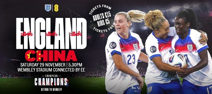 Image promoting England Versus China on Saturday the twenty ninth of November twenty twenty five at five thirty in the afternoon.