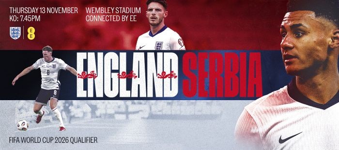 Image promoting England versus Serbia football match on Thursday 13 November 2025