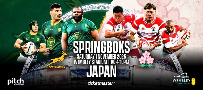 Image promoting Springboks versus Japan rugby match at Wembley Stadium on Saturday 1 November 2025. Kick off is at ten past four in the afternoon.