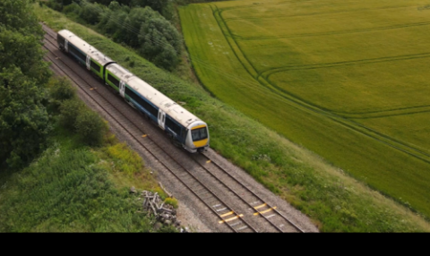 Aerial shot of Chiltern Train in the countryside